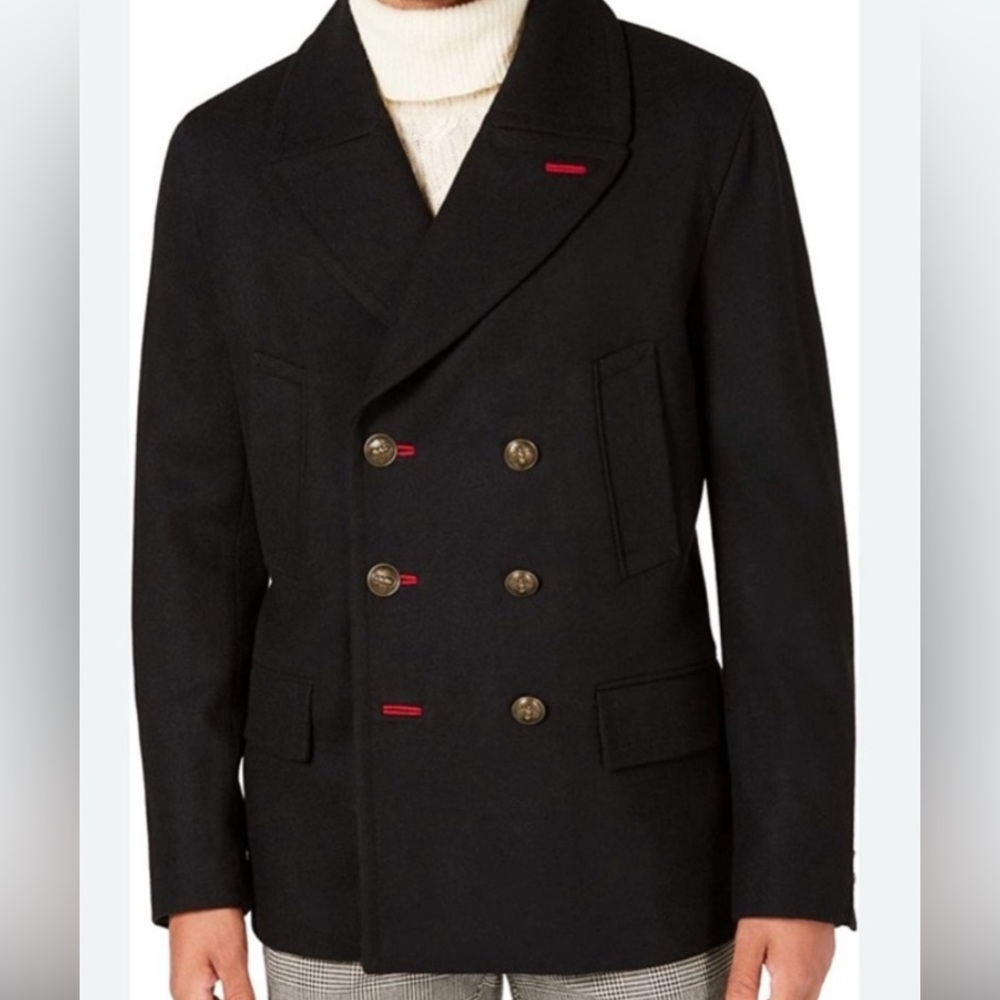 Men's Black Peacoat Jacket in black with gold buttons in small